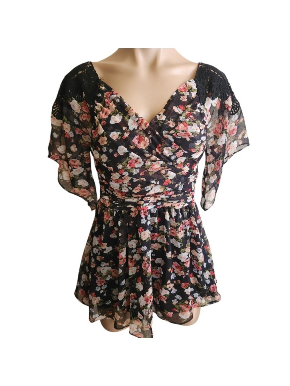 Boho Cottage Core Fairy Sheer Floral Blouse Fitted Crochet Flowy Sleeves Size S
